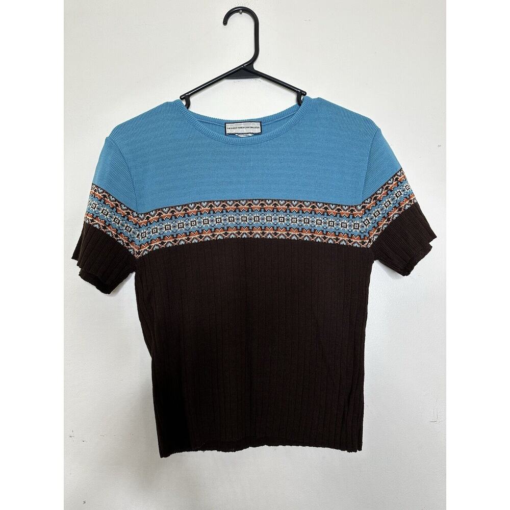 Vintage Great American Sweater Size Large Ribbed Short Sleeve Cropped South West